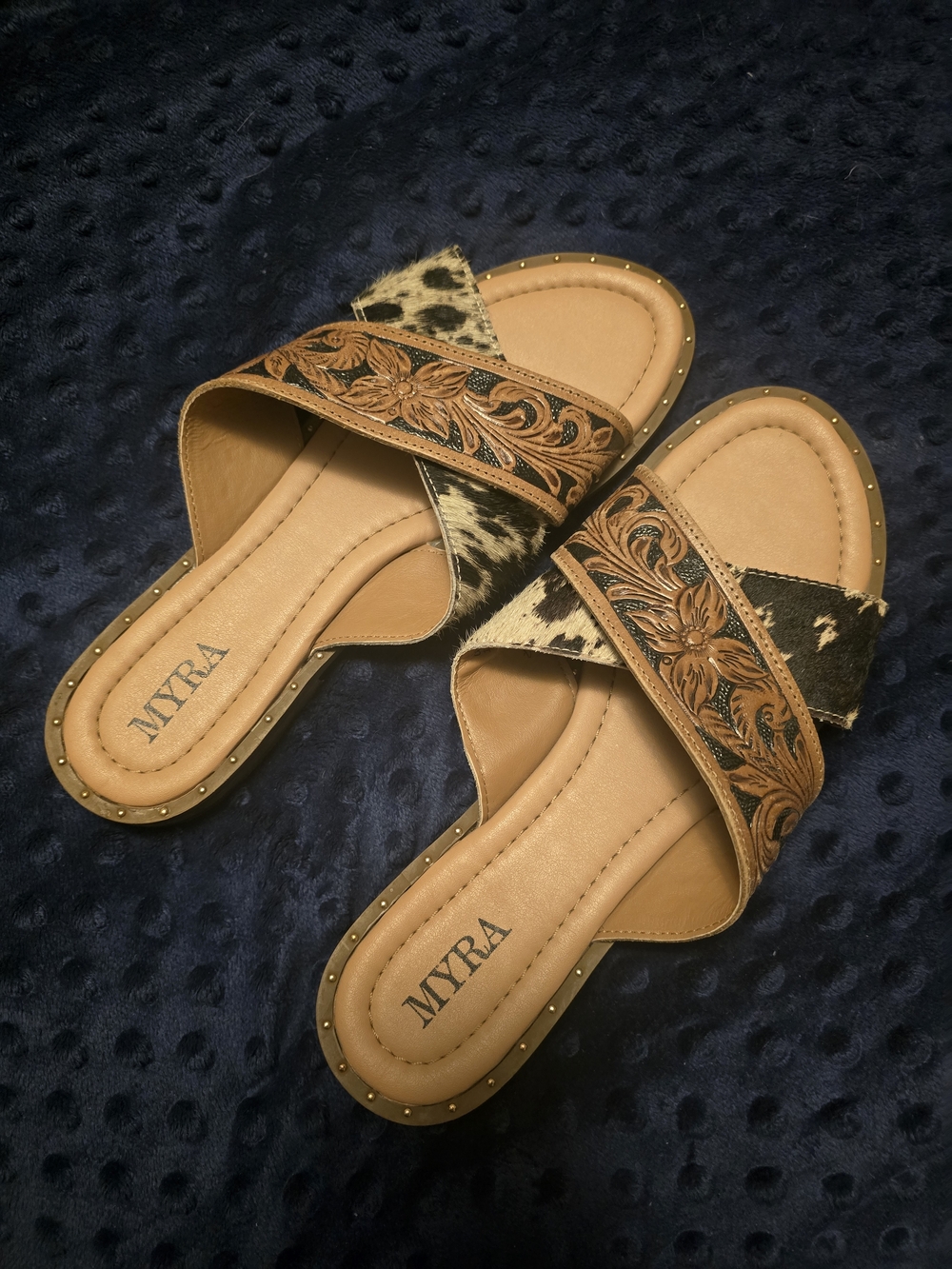 Myra Bag Leather Floral Slide Sandals - Tan & Black